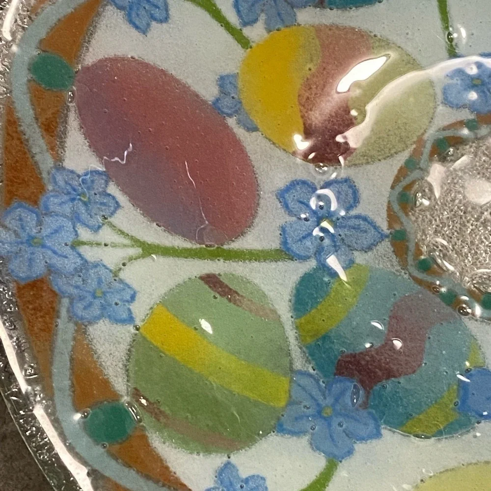 Peggy Karr Easter Egg Fused Art Glass Bowl Colorful Eater Eggs Blue Pink Green